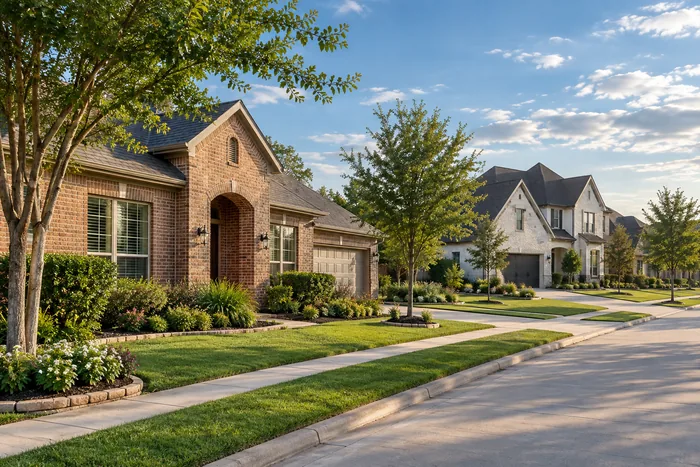 Hình minh họa nhà resale có cây lớn và nhà mới xây trong khu dân cư vùng Cypress–Katy