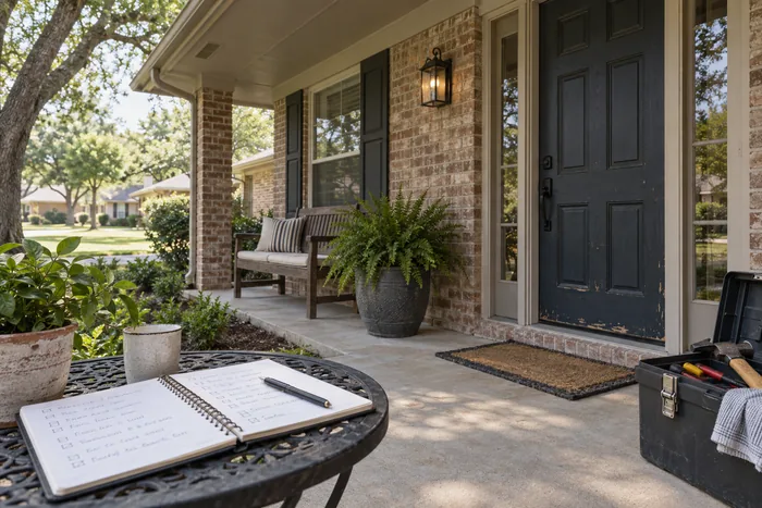 Hình minh họa hiên nhà Houston đã sử dụng với sổ bảo trì và dụng cụ sửa chữa
