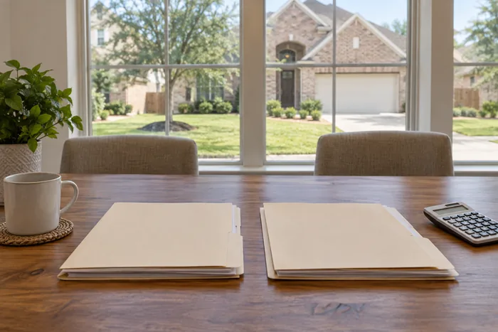 Hình minh họa hai hồ sơ thuê được đặt ngang nhau trên bàn trong căn nhà Houston