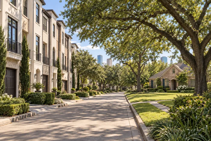 Hình minh họa townhome và nhà riêng trên một con đường khu dân cư kiểu Houston