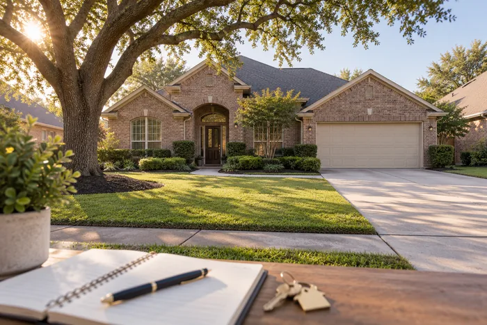 Hình minh họa căn nhà gạch vùng Houston với chìa khóa và sổ ghi chú khi đi coi nhà